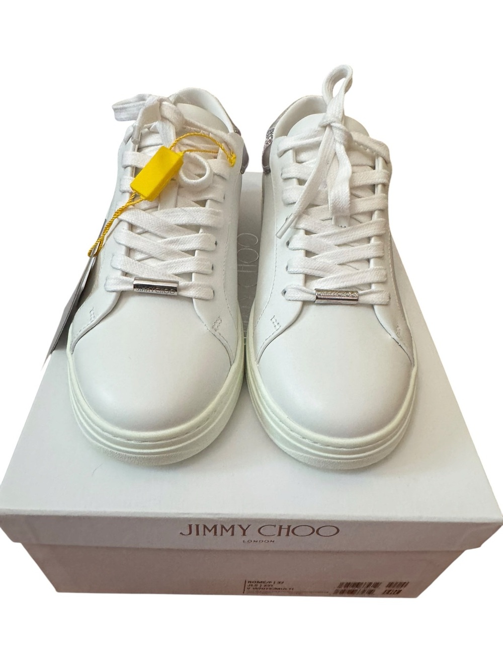 Jimmy Choo White Leather Low-Top Sneakers with Multicolor Glitter Heel - Picture 7 of 10